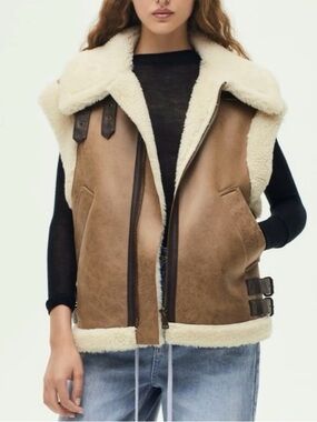 Zara Brown Leather-Trim Faux Shearling Jacket with Cream Lining